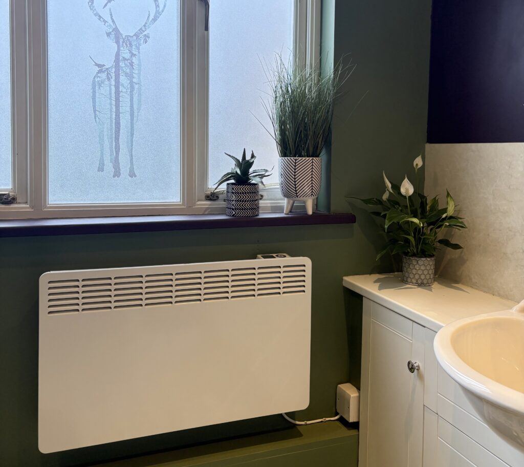 bathroom with peace lily and artificial plants