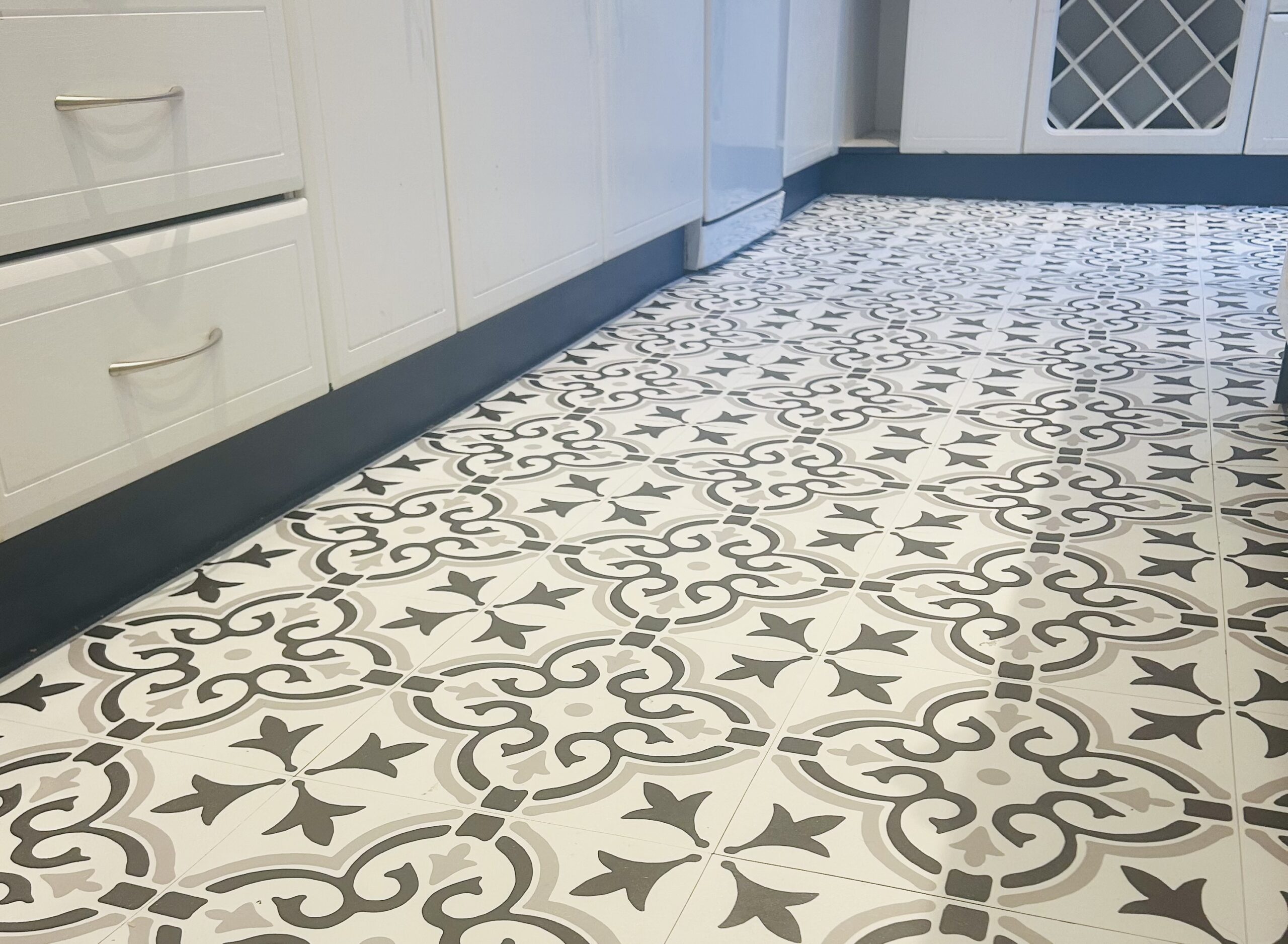 Kitchen floor with the kickboards decorated in Farrow & Ball Stiffkey Blue