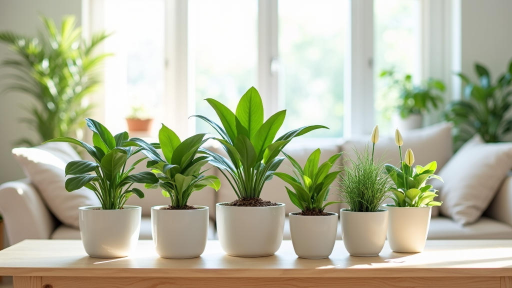 A collection of easy to grow houseplants arranged in a bright living room, including pothos, spider plant, and snake plant.