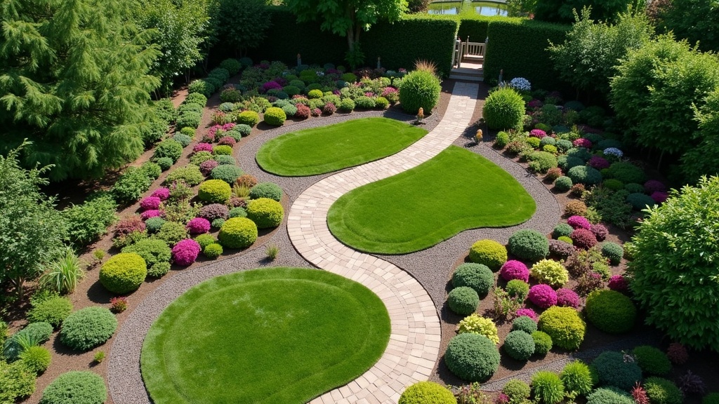 Aerial view of a backyard garden showing different planting zones, footpaths, and flower beds in full bloom