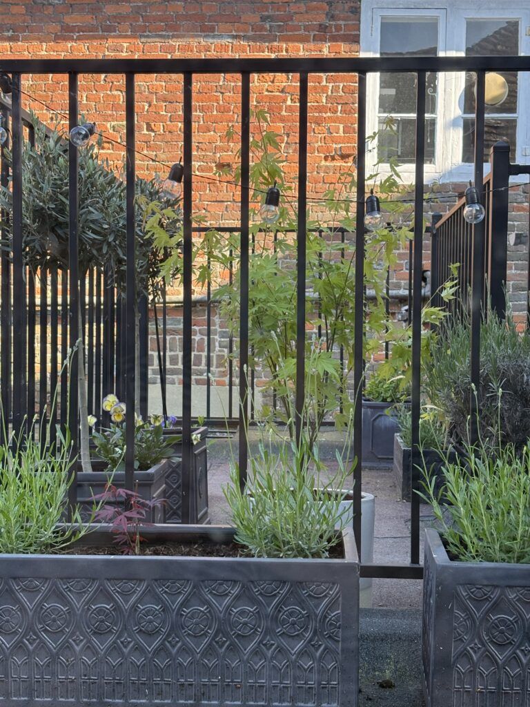 festoon fairy lights on black railings