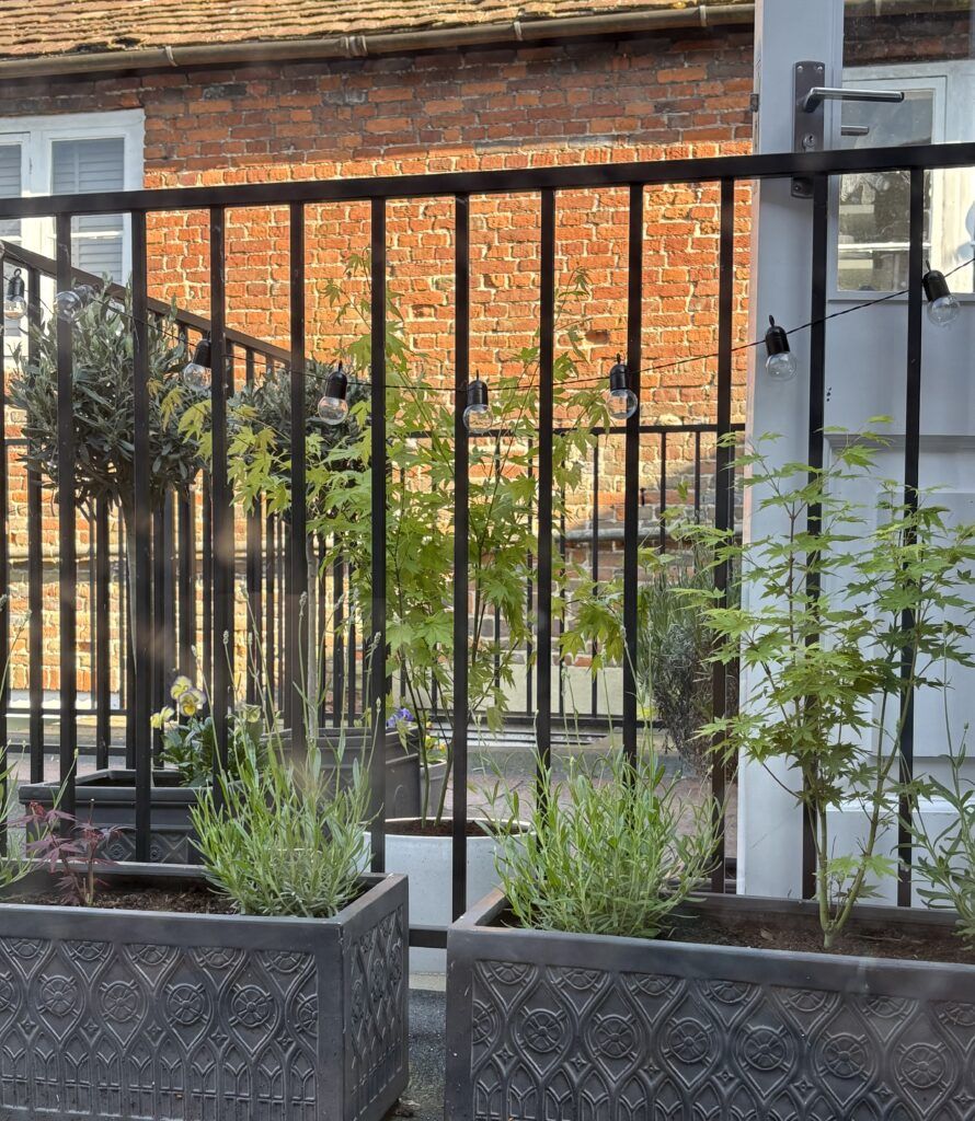 festoon fairy lights draped on black railings
