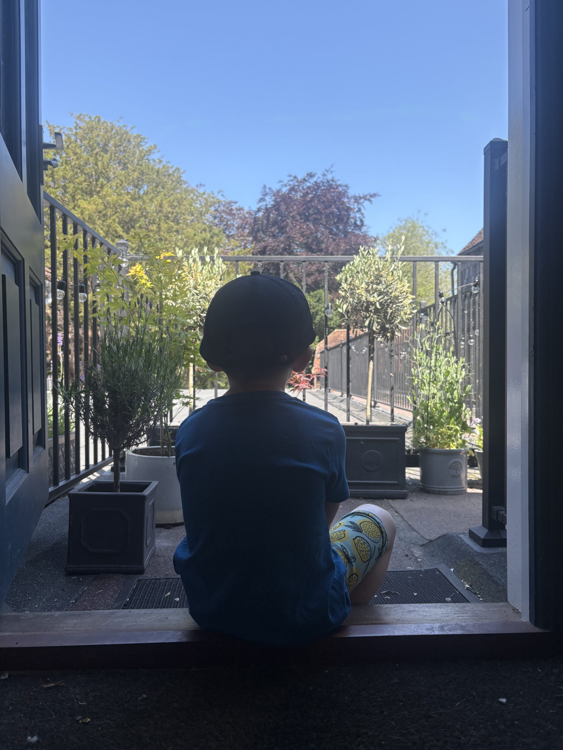 Boy sitting on a doorstep overlooking a roof garden