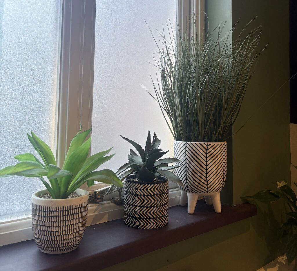 3 artificial plants on a windowsill