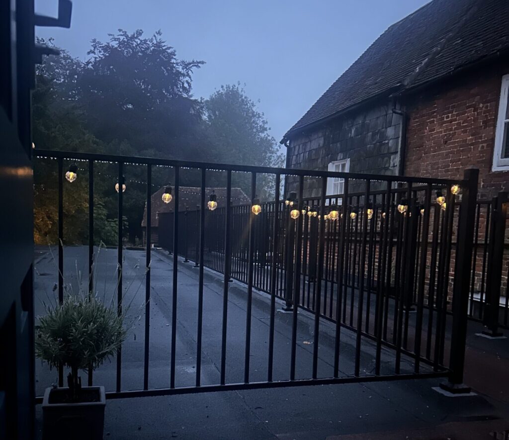 festoon fairy lights lit up in the evening