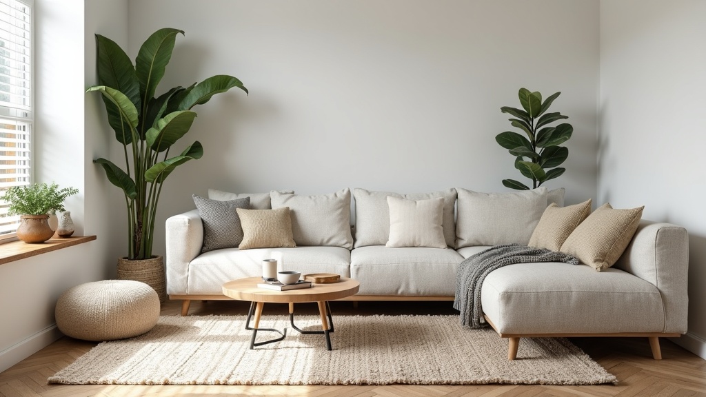 A cozy and well-styled living room with playful textures, colorful pillows, greenery, and plenty of natural light.