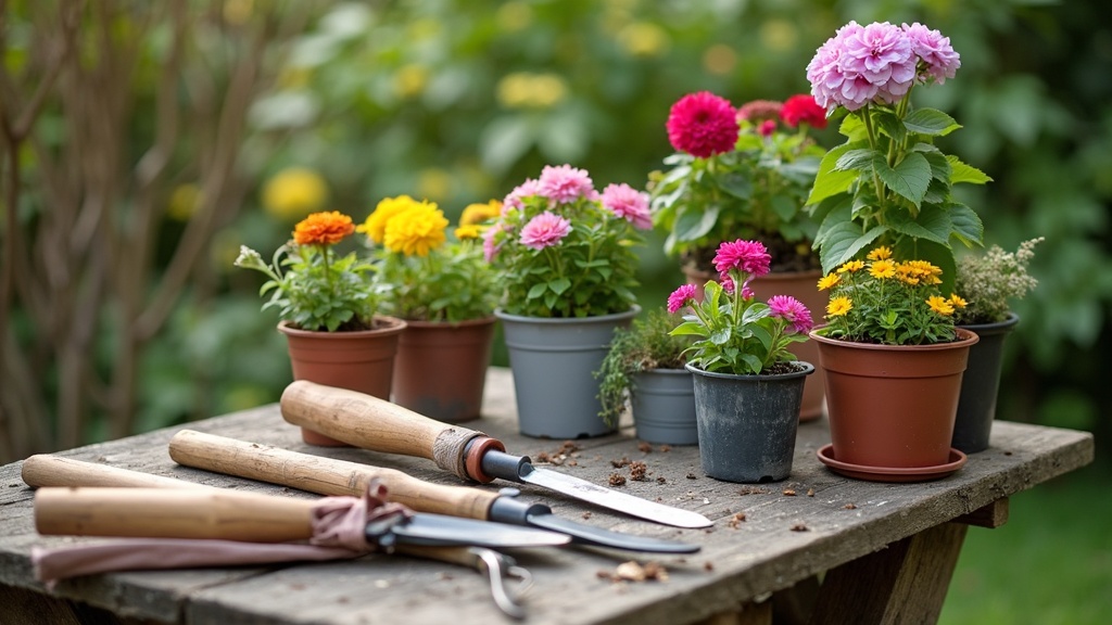 A tidy set of beginner gardening tools laid out on a wooden bench next to potted flowers and plants.