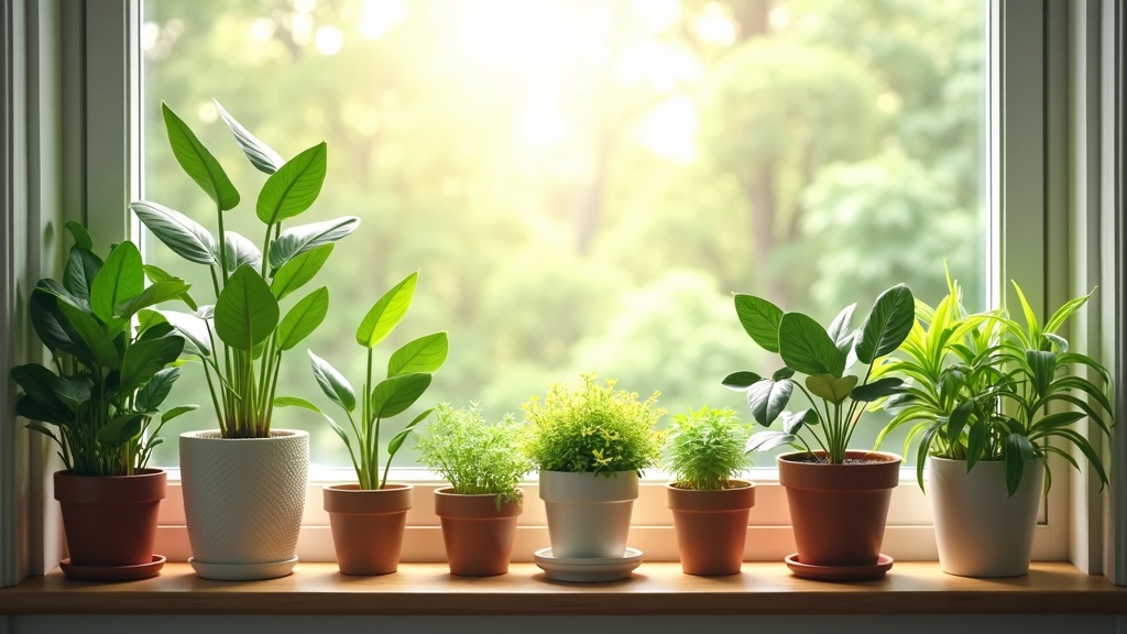 A variety of healthy, well-watered indoor plants in bright indirect light