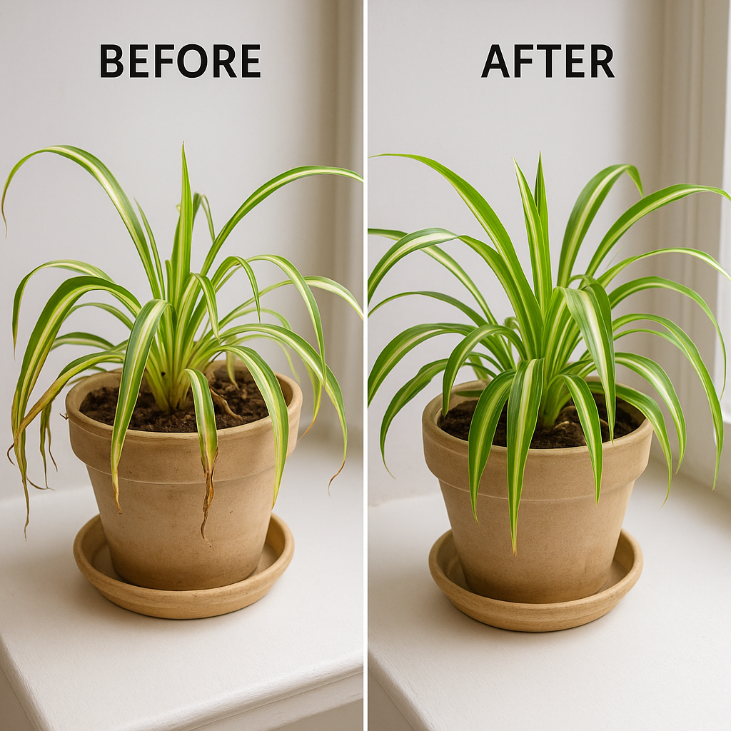 Spider Plant before & After photos of brown wilting leaves to a thriving plant