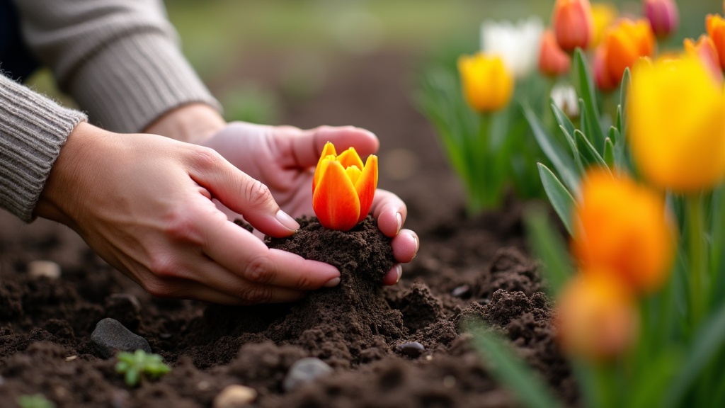 Close-up of hands planting colorful spring bulbs in fresh garden soil with early spring flowers blooming nearby