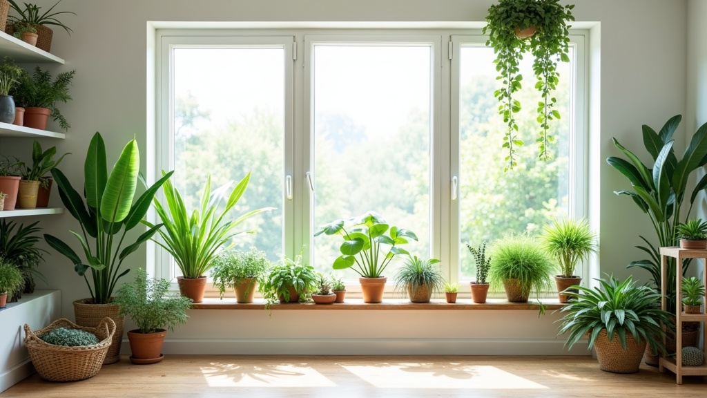 Houseplants arranged on shelves and window sills in a bright, modern living room