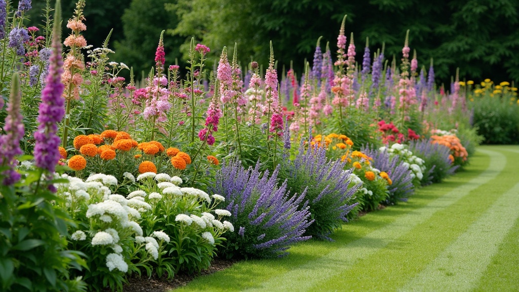 Border packed with flowering geraniums, sweet peas, wallflowers and other perennials in full bloom, blending colours and textures.