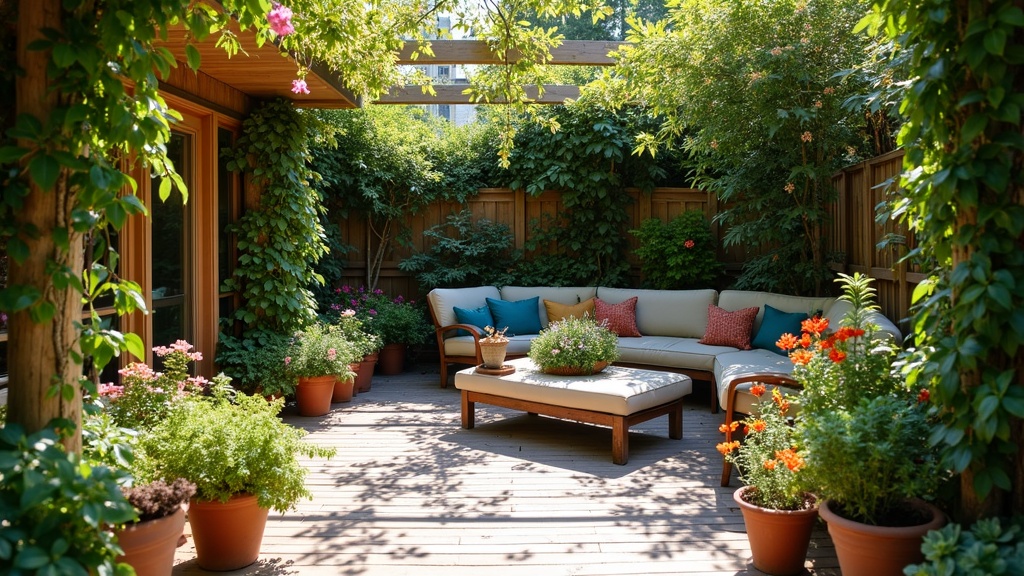 Colorful plants and small trees surrounding a cozy outdoor patio table and chairs, with dappled sunlight filtering through the leaves