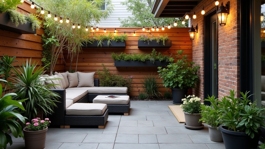 Small outdoor space with cozy seating, multilevel planters, and string lights creating an inviting atmosphere